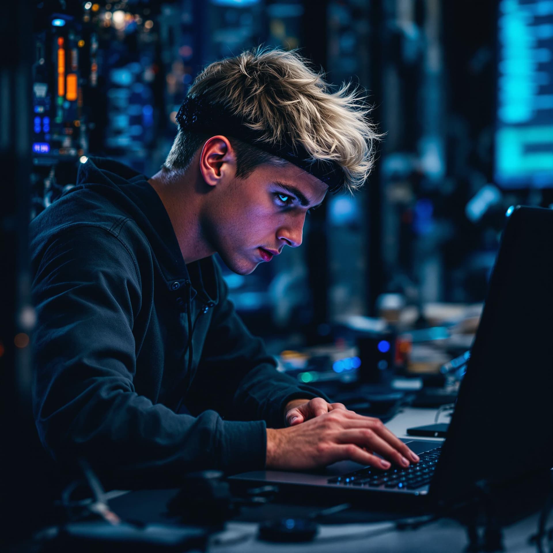 AI generated: A young male, blonde, blue eyed hacker using Kali Linux to penetrate an advanced computer system.