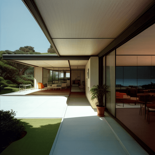 AI generated: Hyper realistic eye level exterior photo of a mid century modern style house overlooking the ocean, ...