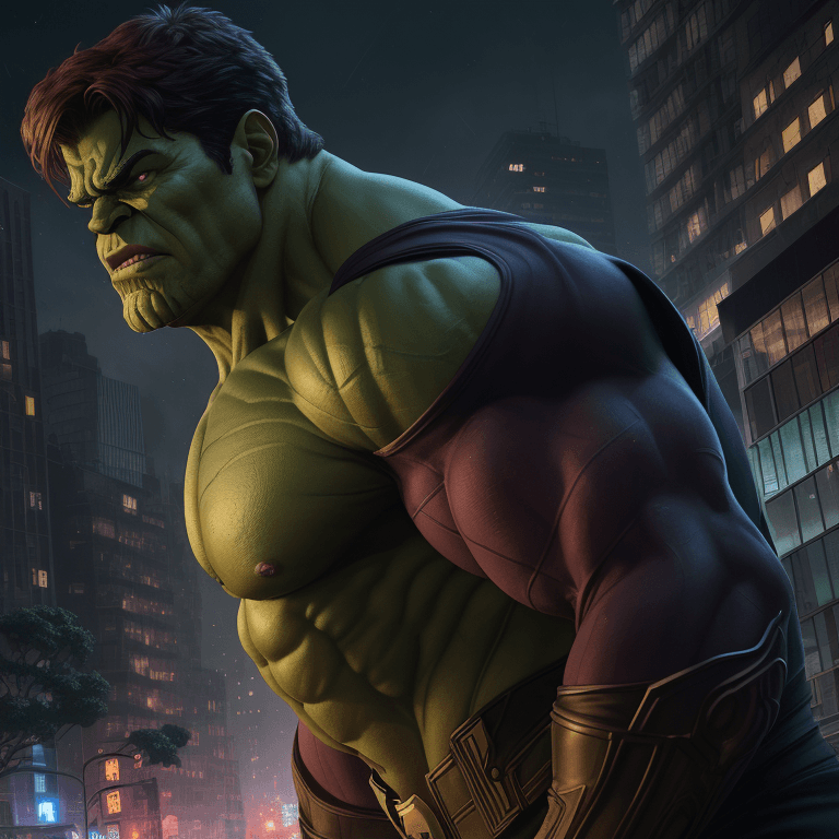 AI generated: hulk with captain thanos, reddish eyes, urban avenue, modernist buildings from the year 1900, two pa...