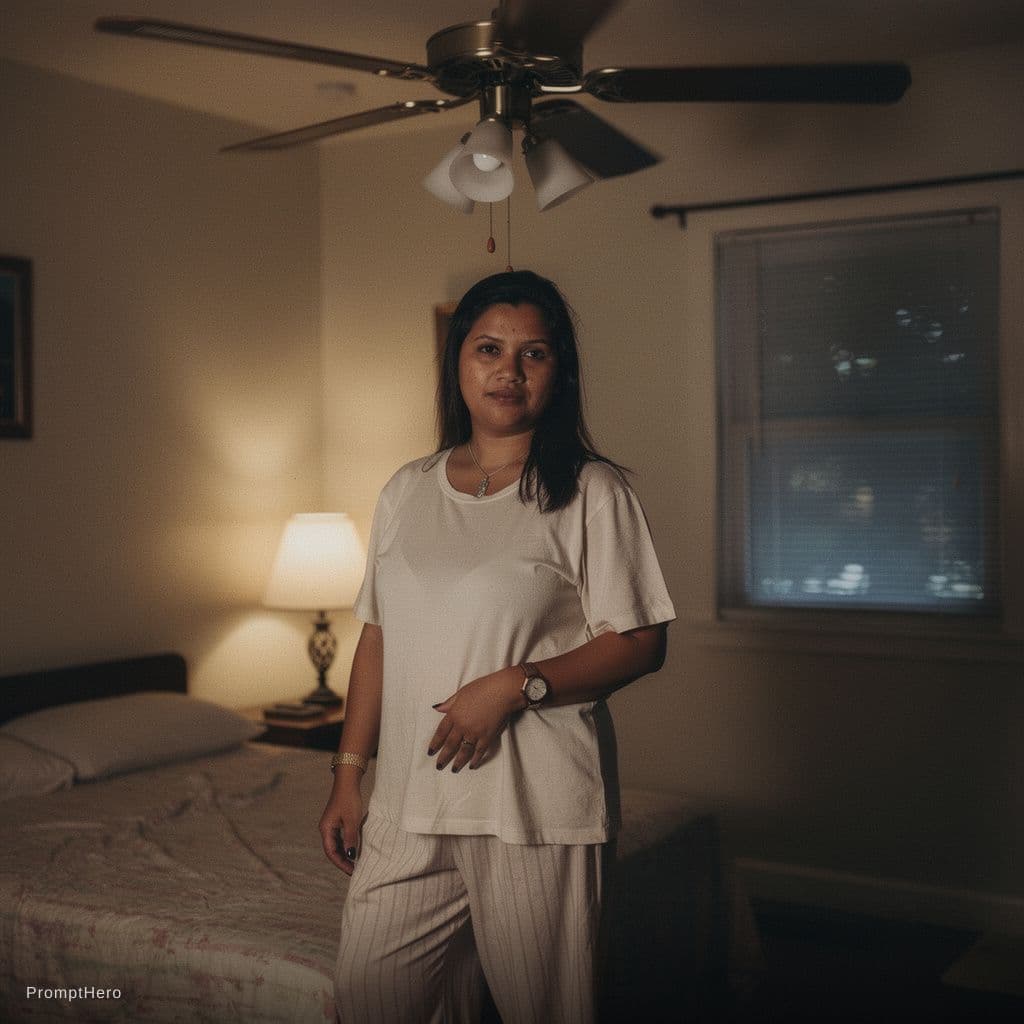 AI generated: A candid documentary style image captures a woman standing beneath a slow ceiling fan, heat hanging ...