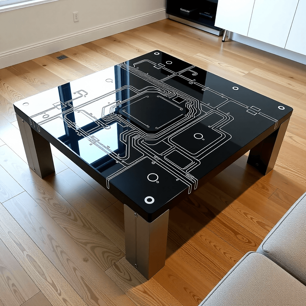 AI generated: A modern coffee table, its sleek, dark surface an expansive polished motherboard, subtly revealing e...