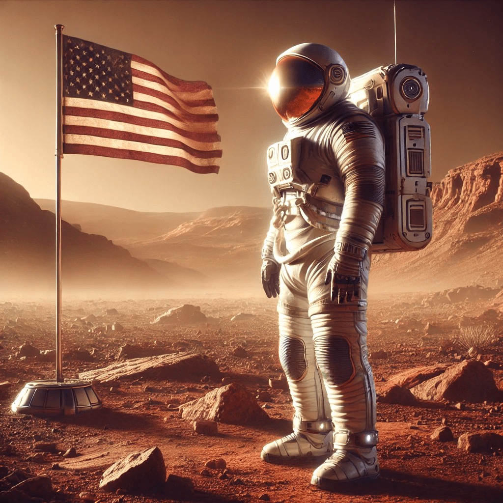AI generated: A photorealistic depiction of an astronaut standing on a barren, rocky Martian landscape under a gol...