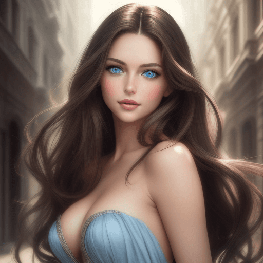 AI generated: cinematic photo gorgeous woman, long tousled brunette hair, light blue eyes, full luscious lips, loo...