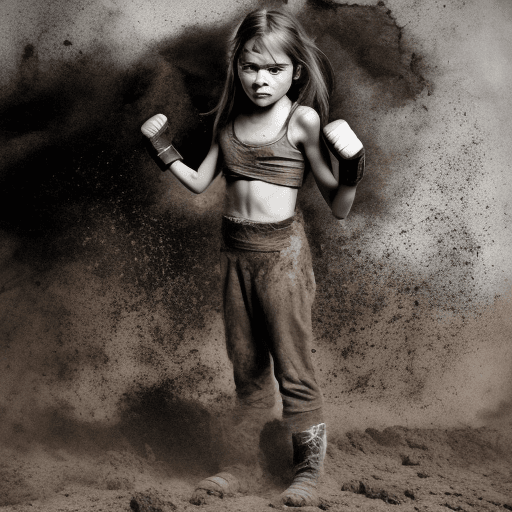 AI generated: a rebel girl standing in a fighting pose covered in dirt with a runny nose and fists up determined l...