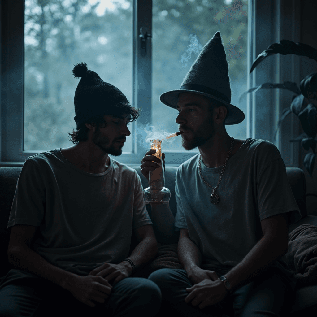AI generated: two bros chillin' at home while one of them wearing hat designed after bong, the other one is smokin...