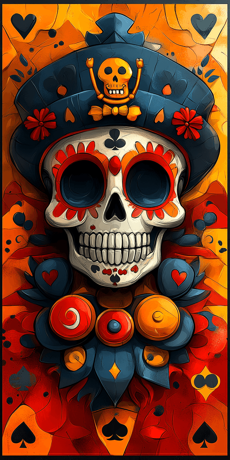 AI generated: Tattoo design, character sheet, bold outlines, cartoon style, jolly roger pirate symbols, jester pla...