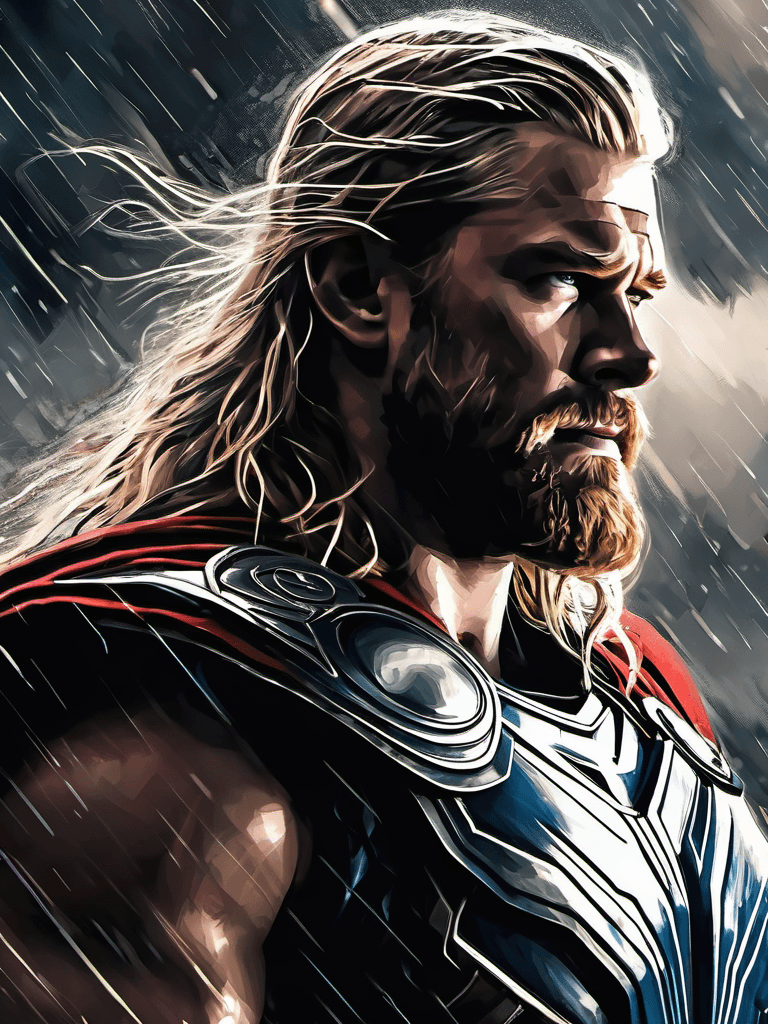 AI generated: a digital portrait of Thor, the god of thunder, powerful, dark background, muted colors, epic compos...