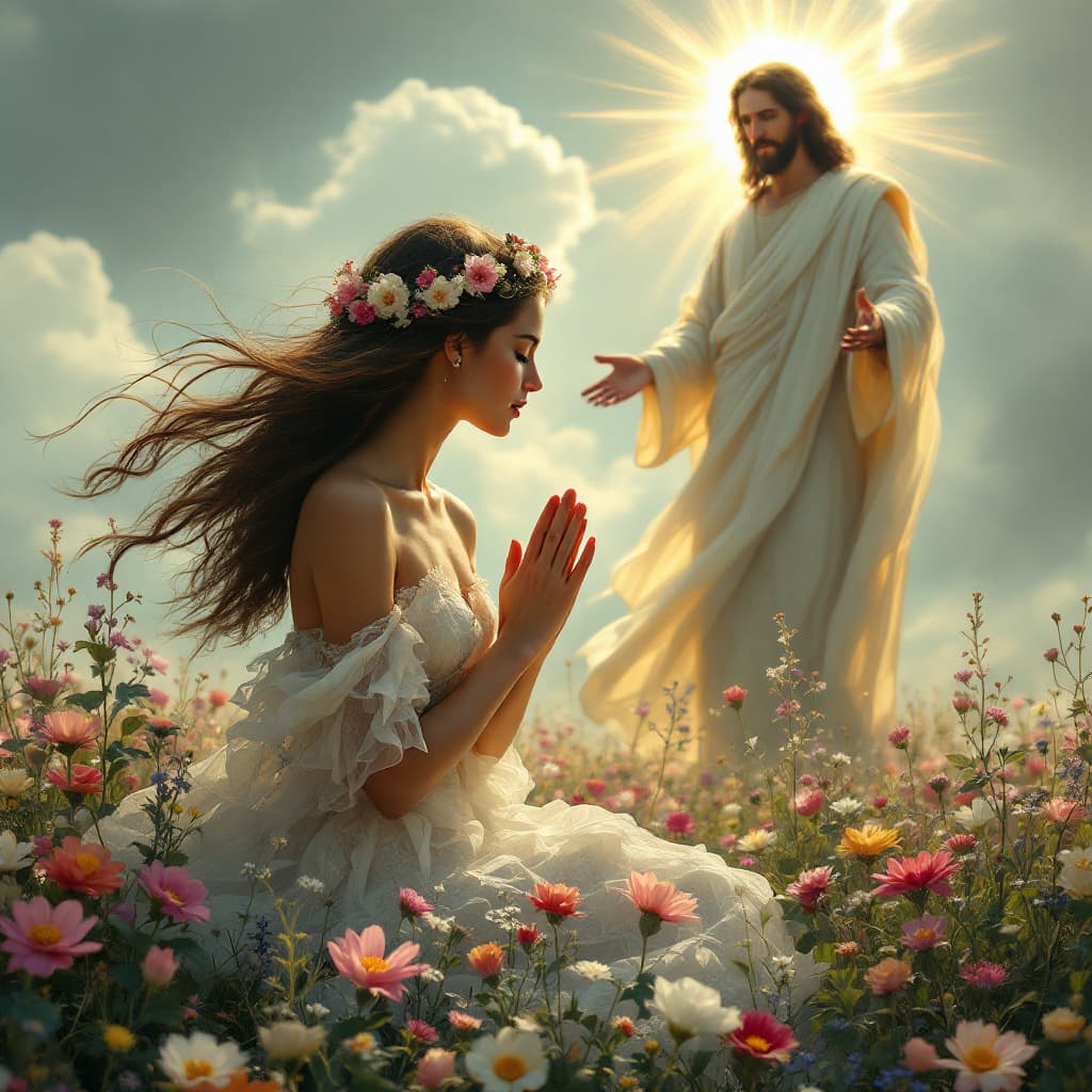 AI generated: "A stunning commercial illustration of a woman deeply immersed in prayer, her hands folded as she kn...
