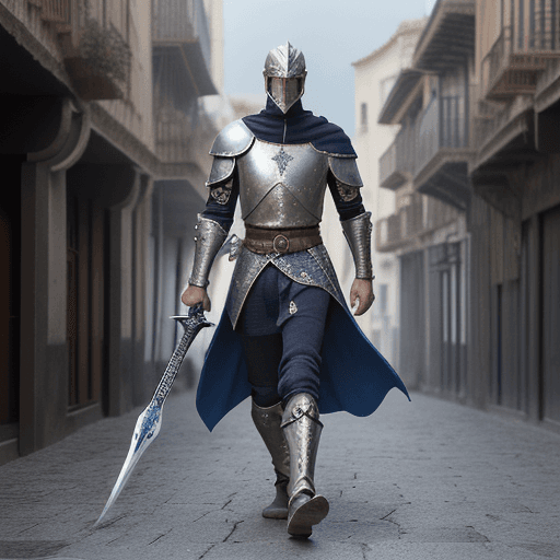 AI generated: hombre medieval de espalda, armadura de dios, espada en mano, sin casco, runas, palabras griegas, ca...