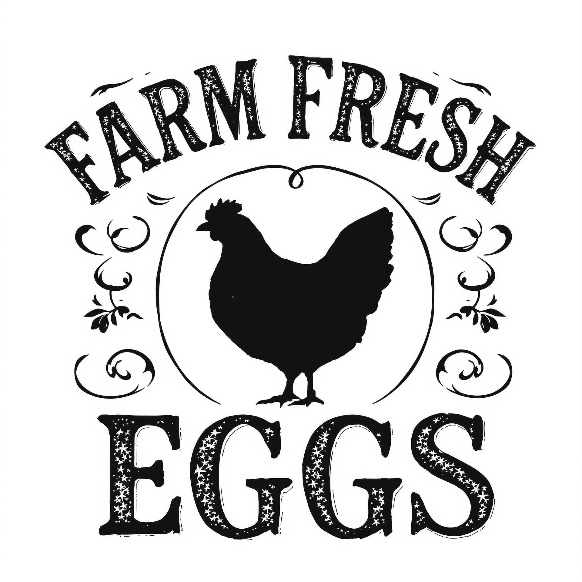 AI generated: Create a vintage-style graphic design featuring the text "FARM FRESH EGGS" with a silhouette of a he...