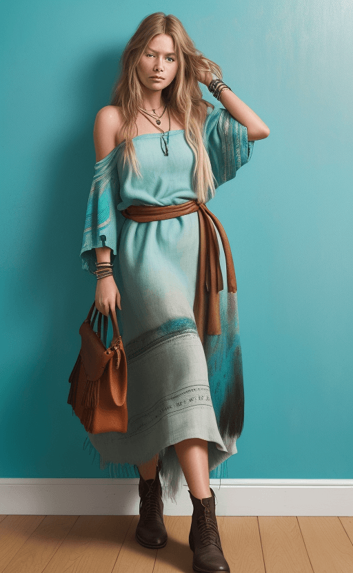 AI generated: A stunning oil painting of a young scandinavian boho woman with tousled hair, posing confidently aga...