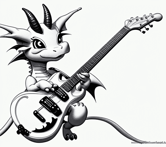 AI generated: cartoon sweet baby dragon playing with a guitar with  only the lines so i can paint it and fit the c...