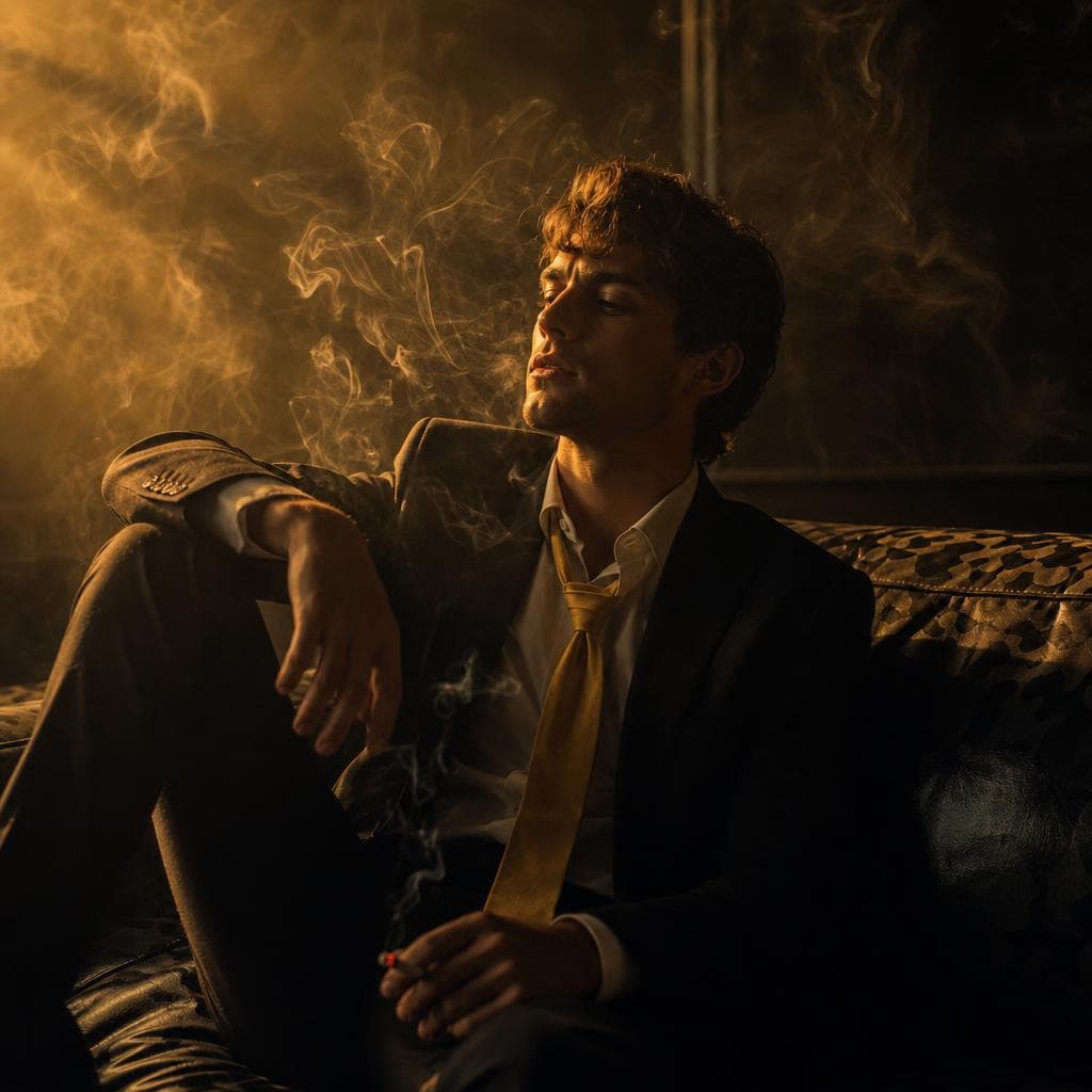 AI generated: A cover photoshoot, set in a dimly lit, hazy room, shows a professional model relaxing on a luxuriou...