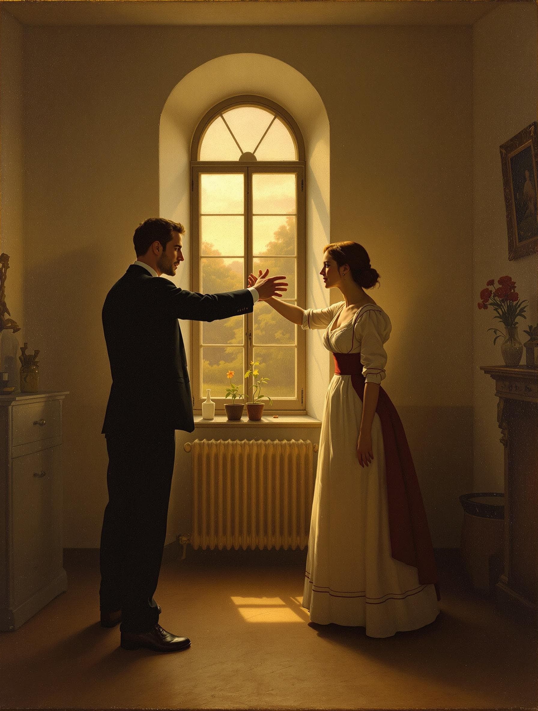 AI generated: in this Hans Memler painting a husband, standing in profile on the left in a sparsely decorated room...