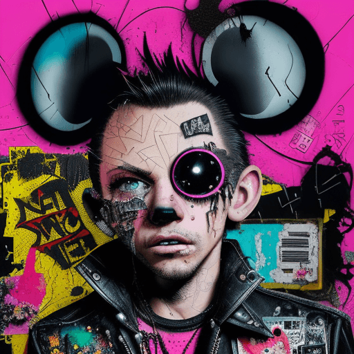 AI generated: Ultra detailed mickey mouse, torn up punk poster, broken circuitry background, matrix effects, punk ...