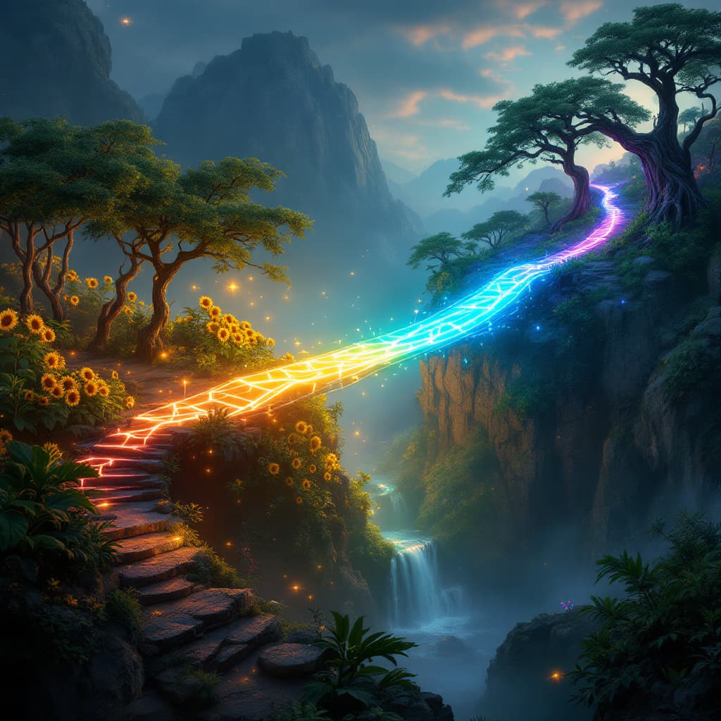 AI generated: 
"Create an photorealistic pictue of a bridge made entirely out of glowing, colorful lights that con...