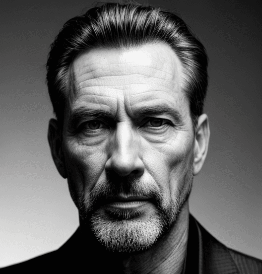 AI generated: high contrast photorealistic black & white photo face of a striking and handsome older man in shadow...