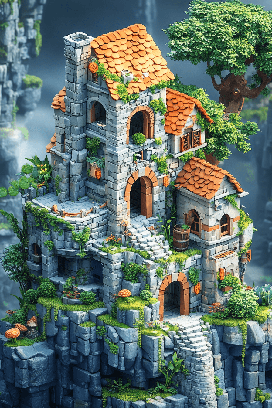 AI generated: A cute 3D building made of isometric blocks with very detailed cartoon decorations. The building is ...