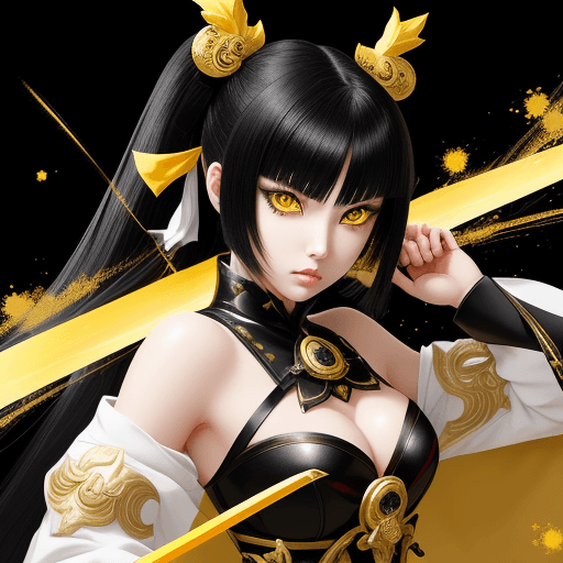 AI generated: anime,black hair,golden white,glamour,a girl uses sword,yellow eye,genshin impact style