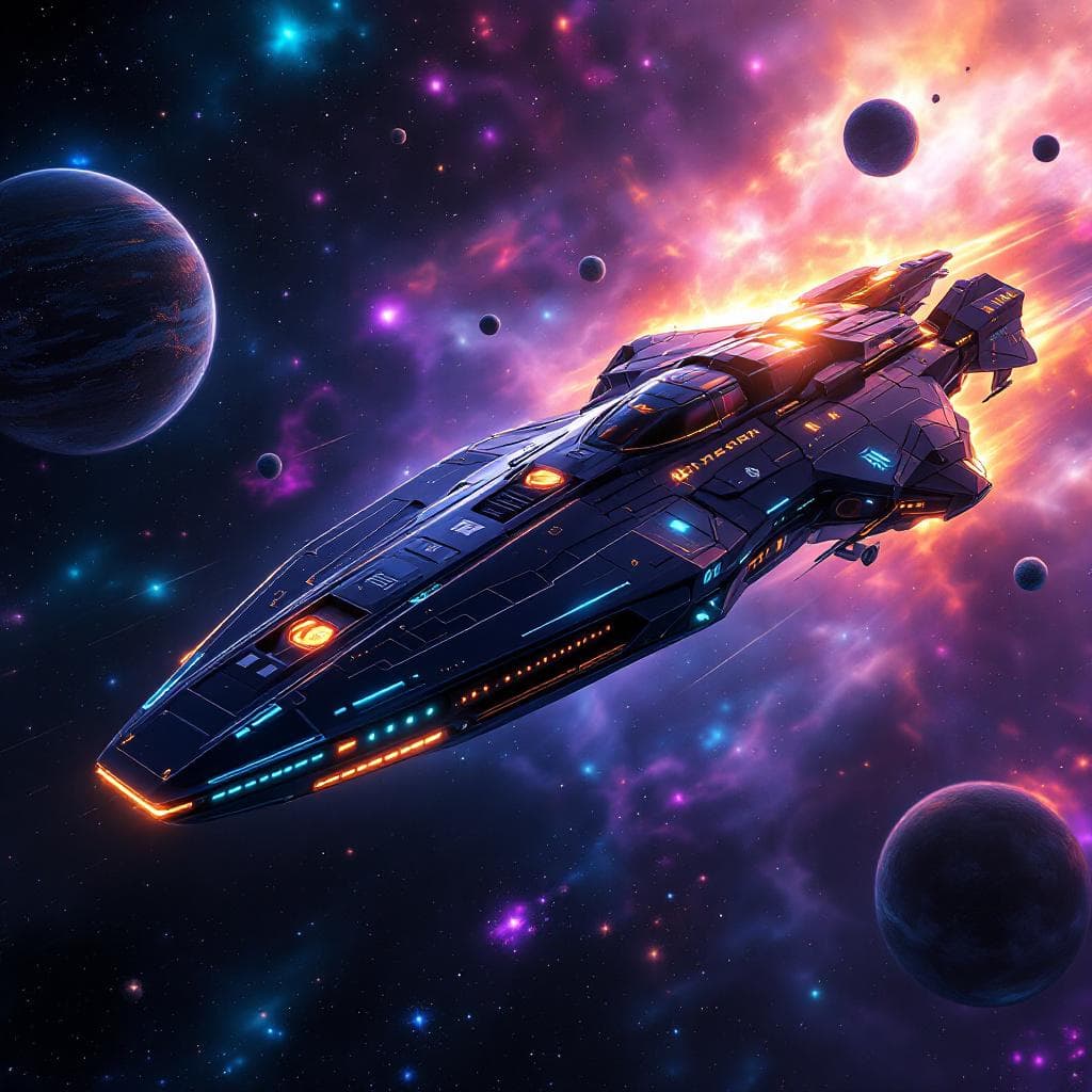 AI generated: Imagine, in detail, an alien spaceship to show a sleek design. Add paint coloring and details. Show ...