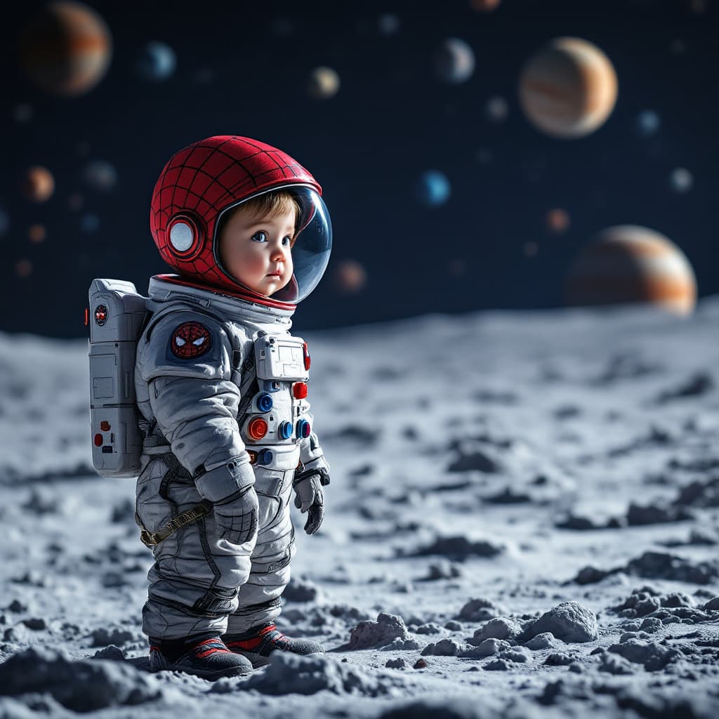 AI generated: "A realistic and high-quality image of a 3-4 year old child wearing a Spider-Man themed astronaut su...
