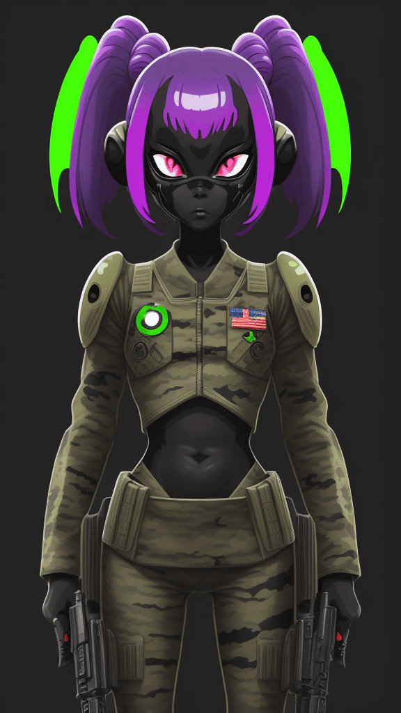 AI generated: in a army funky background portrait of little (alien woman)1.1, wearing (army attire):1. 1, with a (...