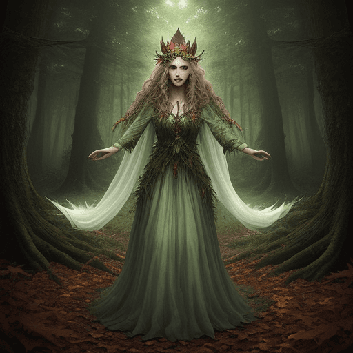 AI generated: forest witch, mythical atmosphere, beautiful, crown of leaves, epic light 

