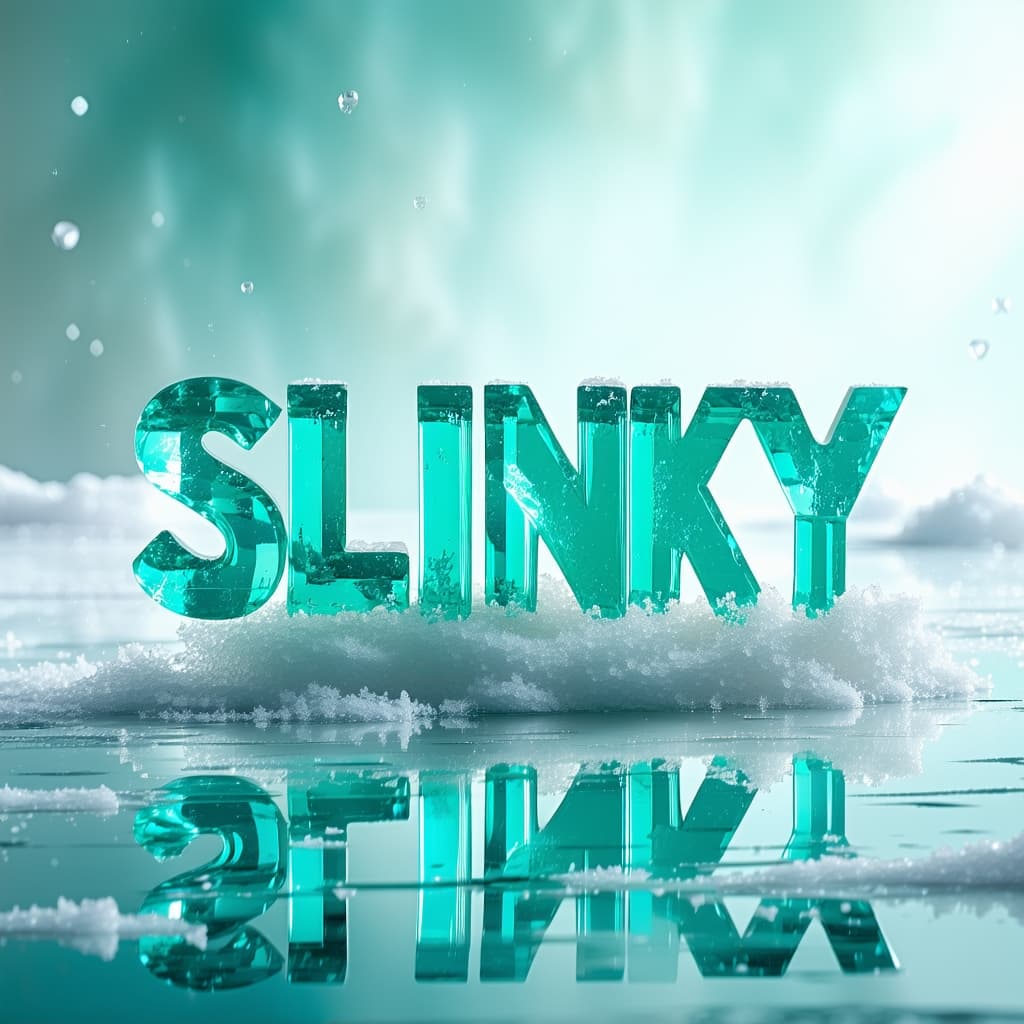 AI generated: render, centered composition, "S L I N K Y" letter, emerald ice, pastel light gradient cyan backgrou...