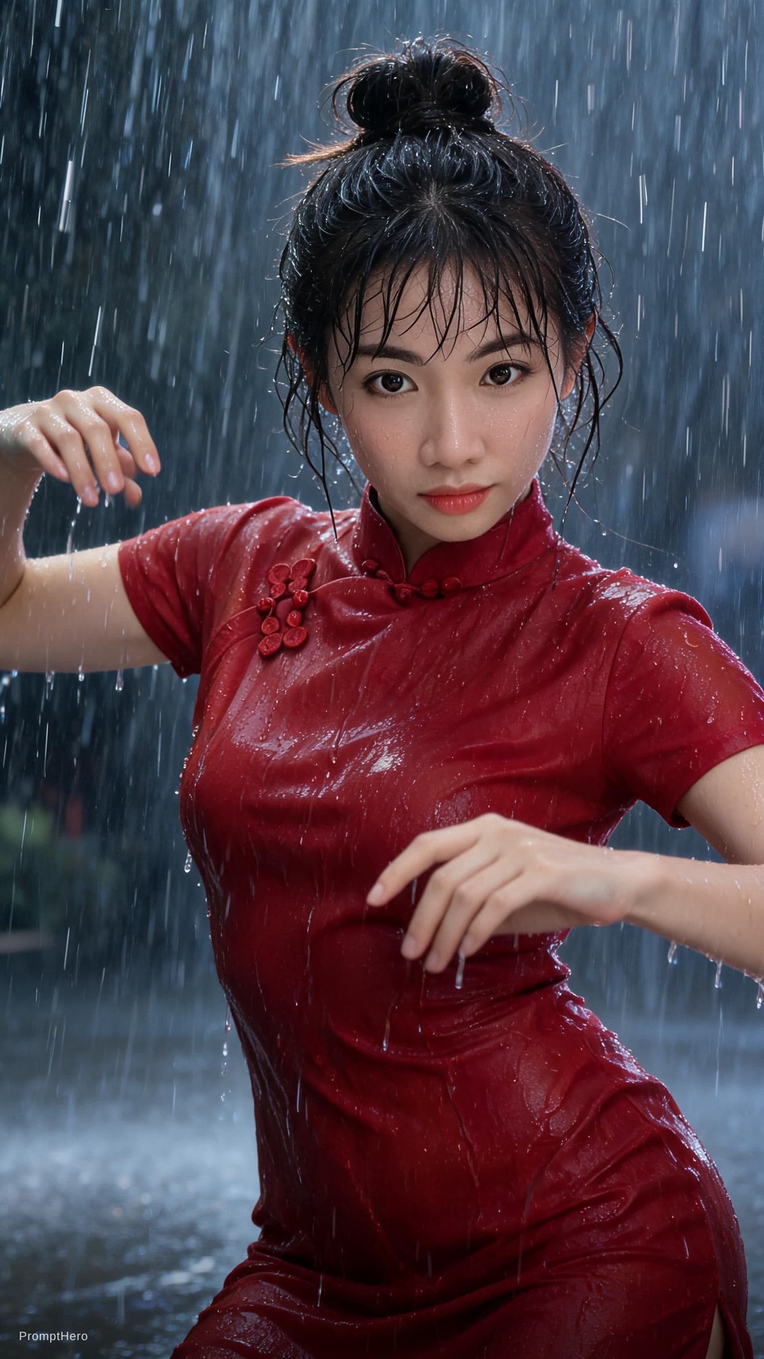 AI generated: Dancing in heavy rain, A beautiful lady, face and body are wet, messy bun hair 32k UHD, highly detai...