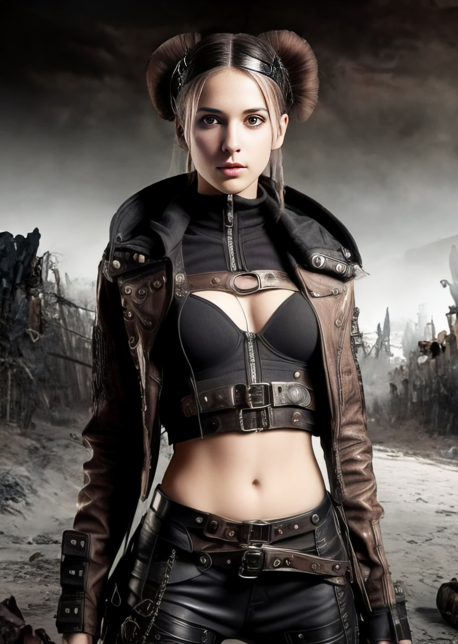 AI generated: <lora:SteamPunkMachineryv2:0. 3> SteamPunk a close up portrait of a skinny, abs, small breasts, girl...