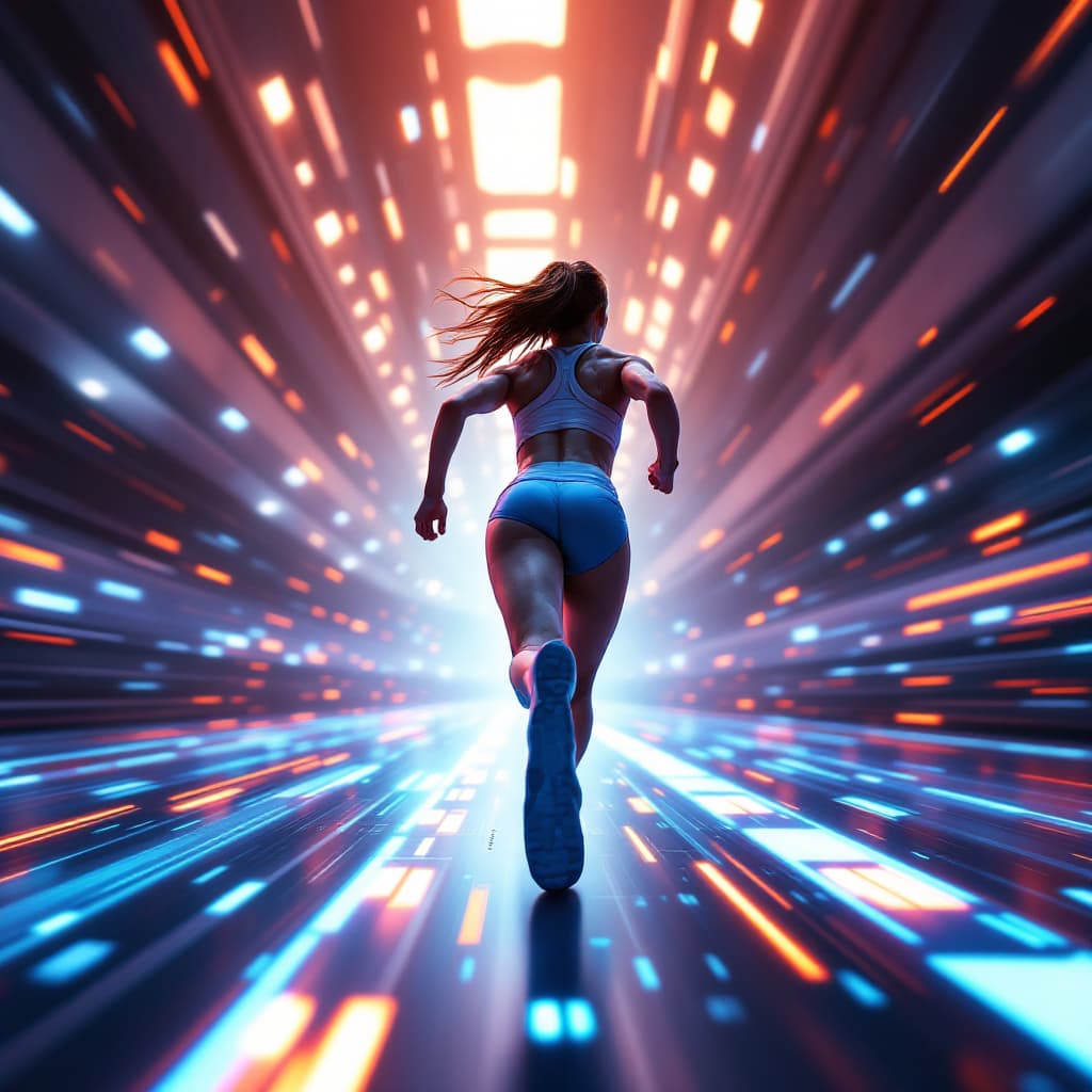 AI generated: "A girl athlete running through a futuristic stadium, with speed effects and holographic lights trac...
