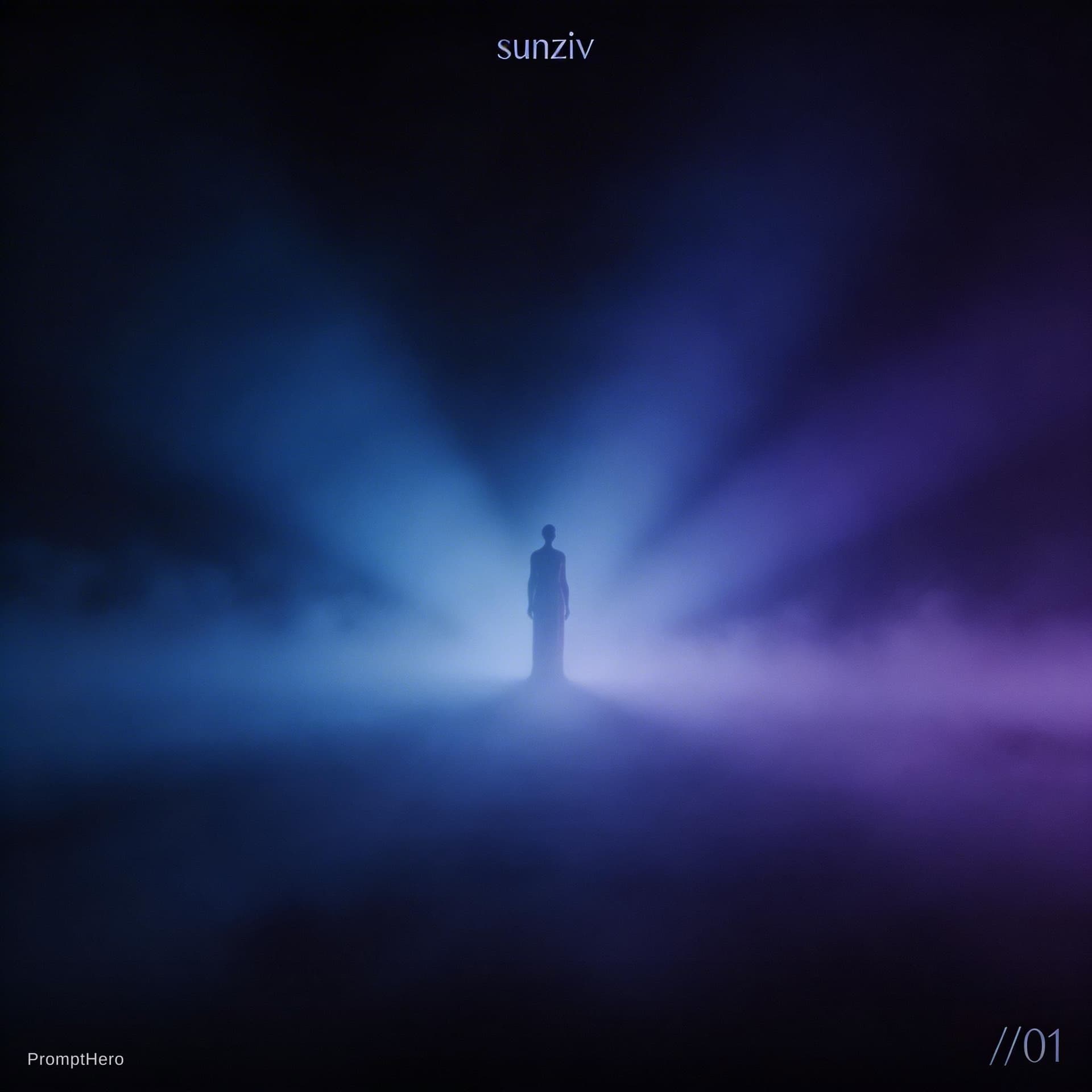 AI generated: cinematic melodic techno album cover, deep black with blue and violet gradients::2, soft glowing lig...
