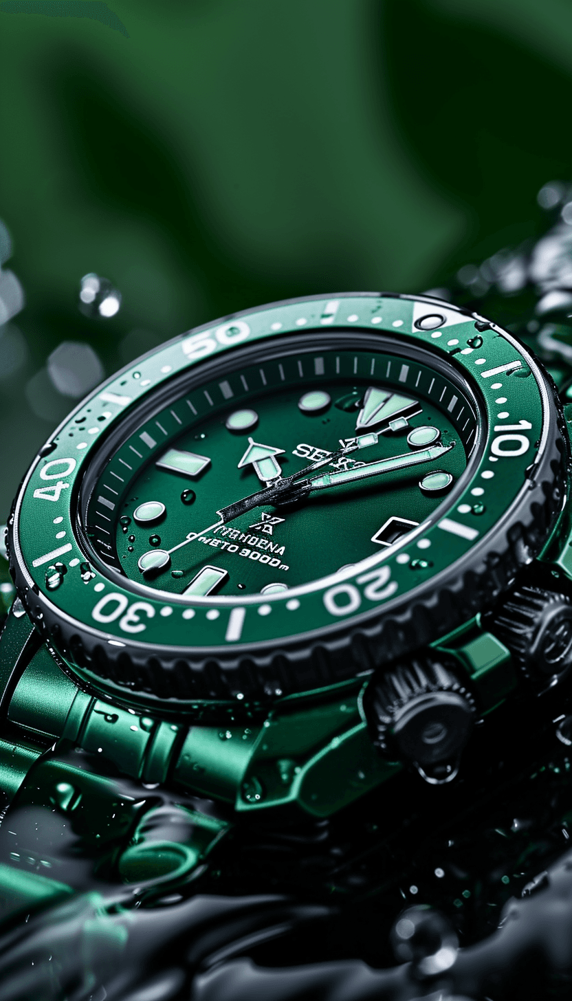 AI generated: the seiko watch is green and has black hands, in the style of neo-traditional japanese, tokina at-x ...