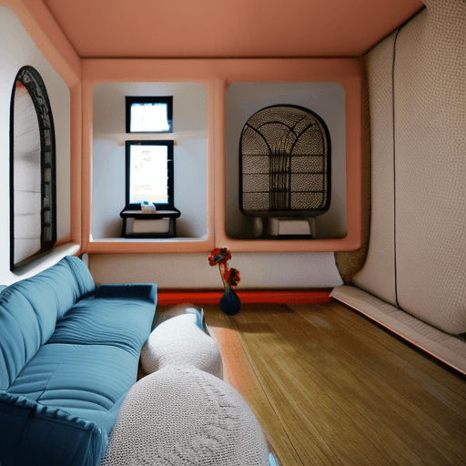 AI generated: High resolution photography interior design, dreamy sunken living room conversation pit, wooden floo...
