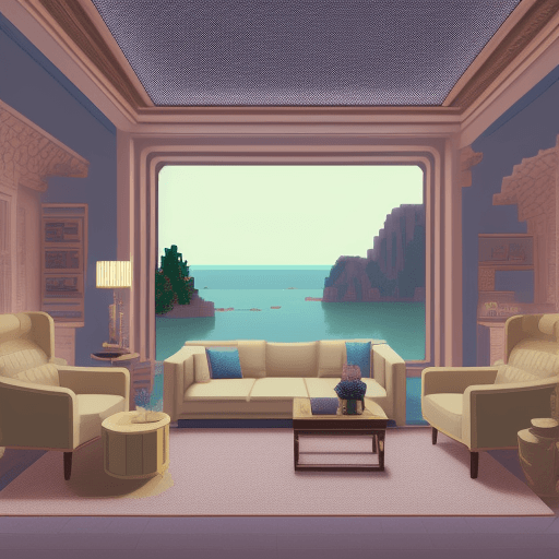 AI generated: High resolution photography interior design, conversation pit, , beige blue salmon pastel palette, i...