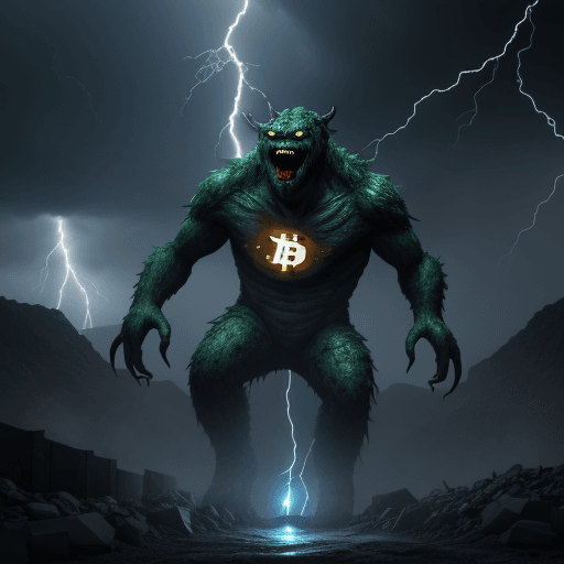 AI generated: monster with bitcoin lightning in a mine