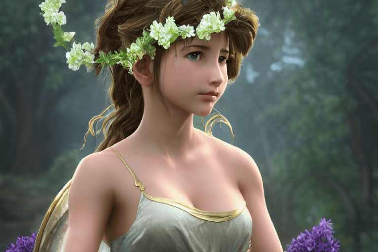 AI generated: Aerith Gainsborough as Greek goddess Aphrodite, portrait, realistic, moody, atmospheric, full body a...