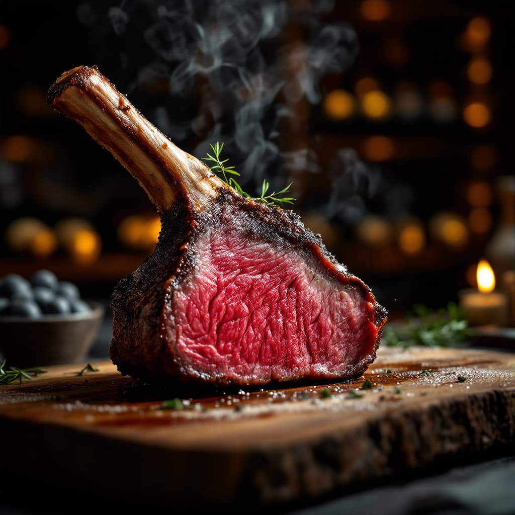 AI generated: Capture in close-up a delicious sliced Tomahawk 
 just about cooked, oozing tempting appeal, in a 3 ...