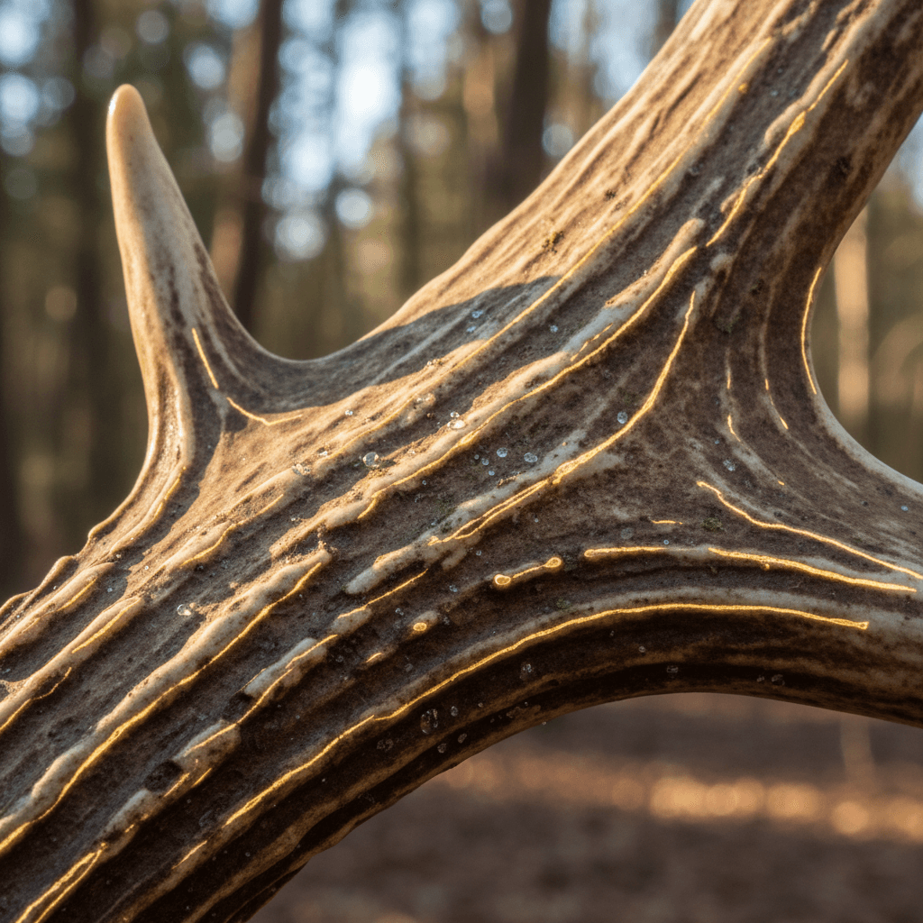 AI generated: "Close-up of a deer antler texture — glowing ridges and natural grooves in sunlight"