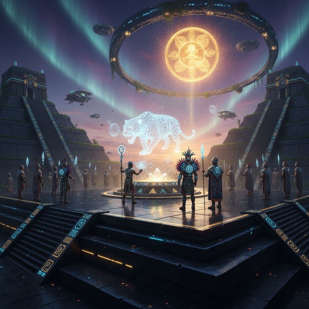 AI generated: An ultra-futuristic Mesoamerican tribe gathered atop a terraced pyramid structure fused with sleek, ...