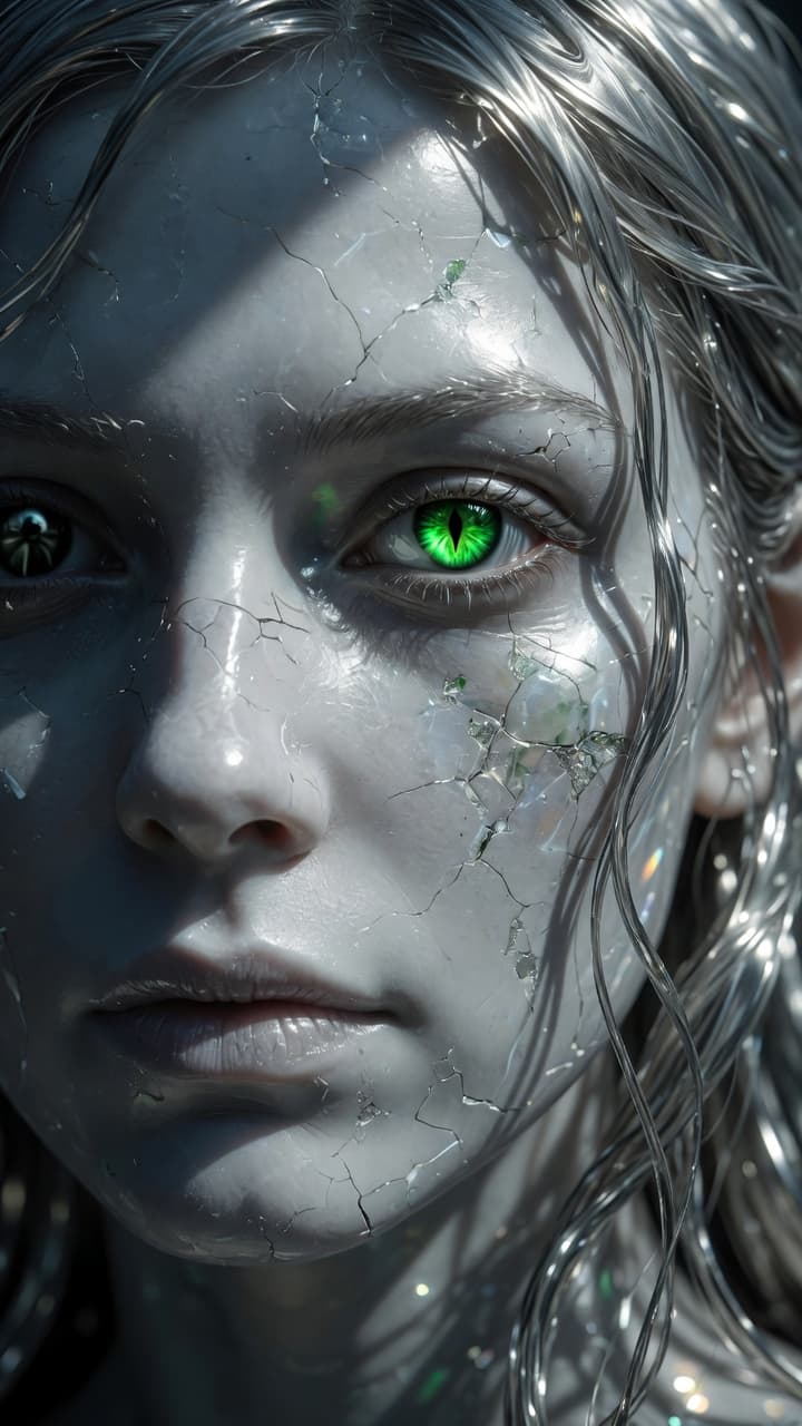 AI generated: A haunting close-up portrait of a pale, stone-faced woman with an unnaturally smooth, almost marble-...