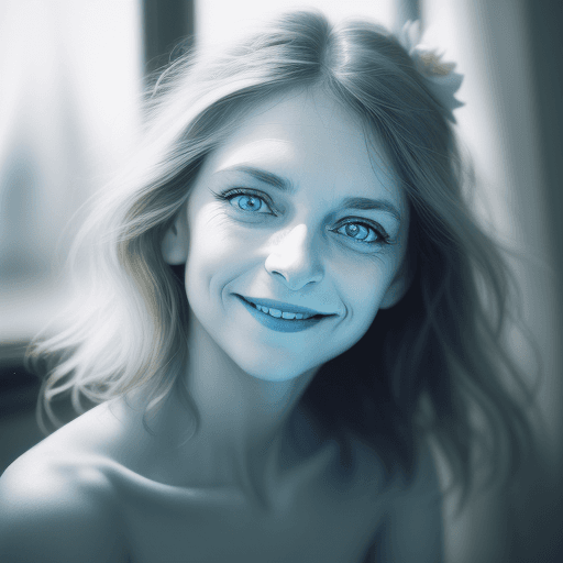 AI generated: focus on the nose, sharp nose, A captivating portrait of a woman grinning, her entire face, includin...