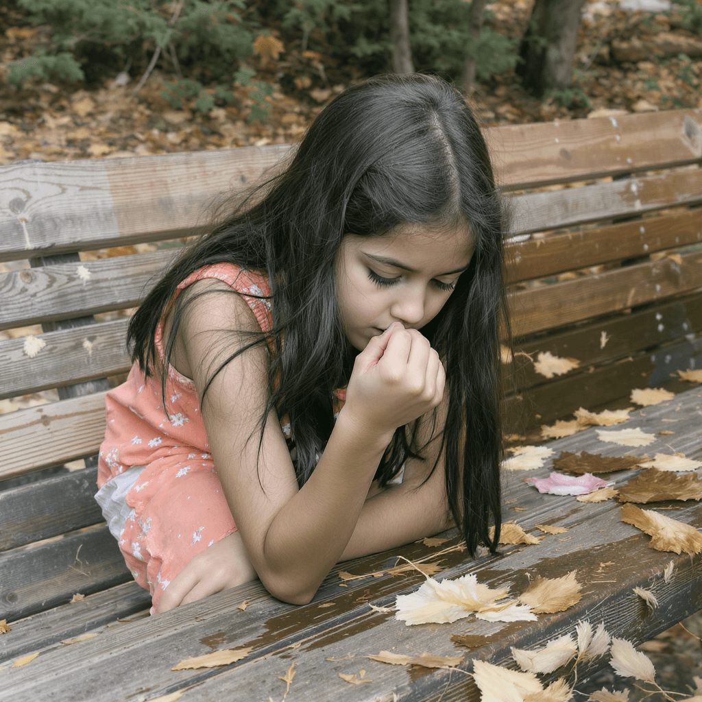 AI generated: 30-old girl, long dark hair seets on wooden bank, licks her hand