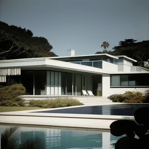 AI generated: Hyper realistic eye level exterior photo of a mid century modern style house overlooking the ocean, ...