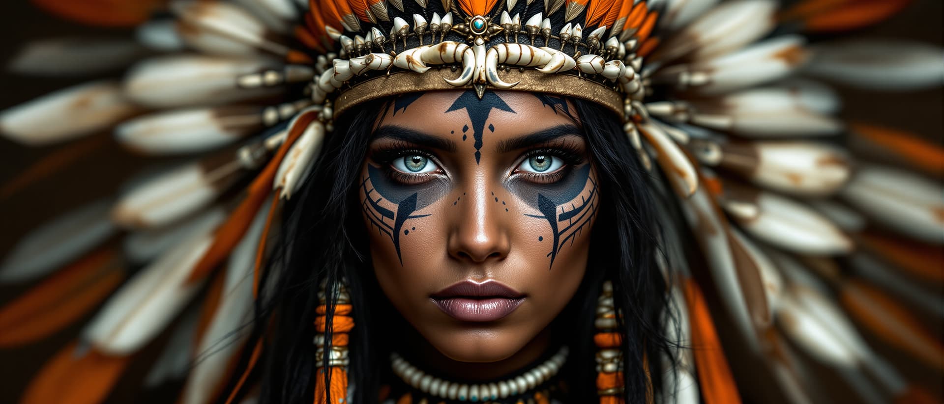 AI generated: Portrait of an Indian woman with black hair, wearing dark brown and orange traditional warrior headw...