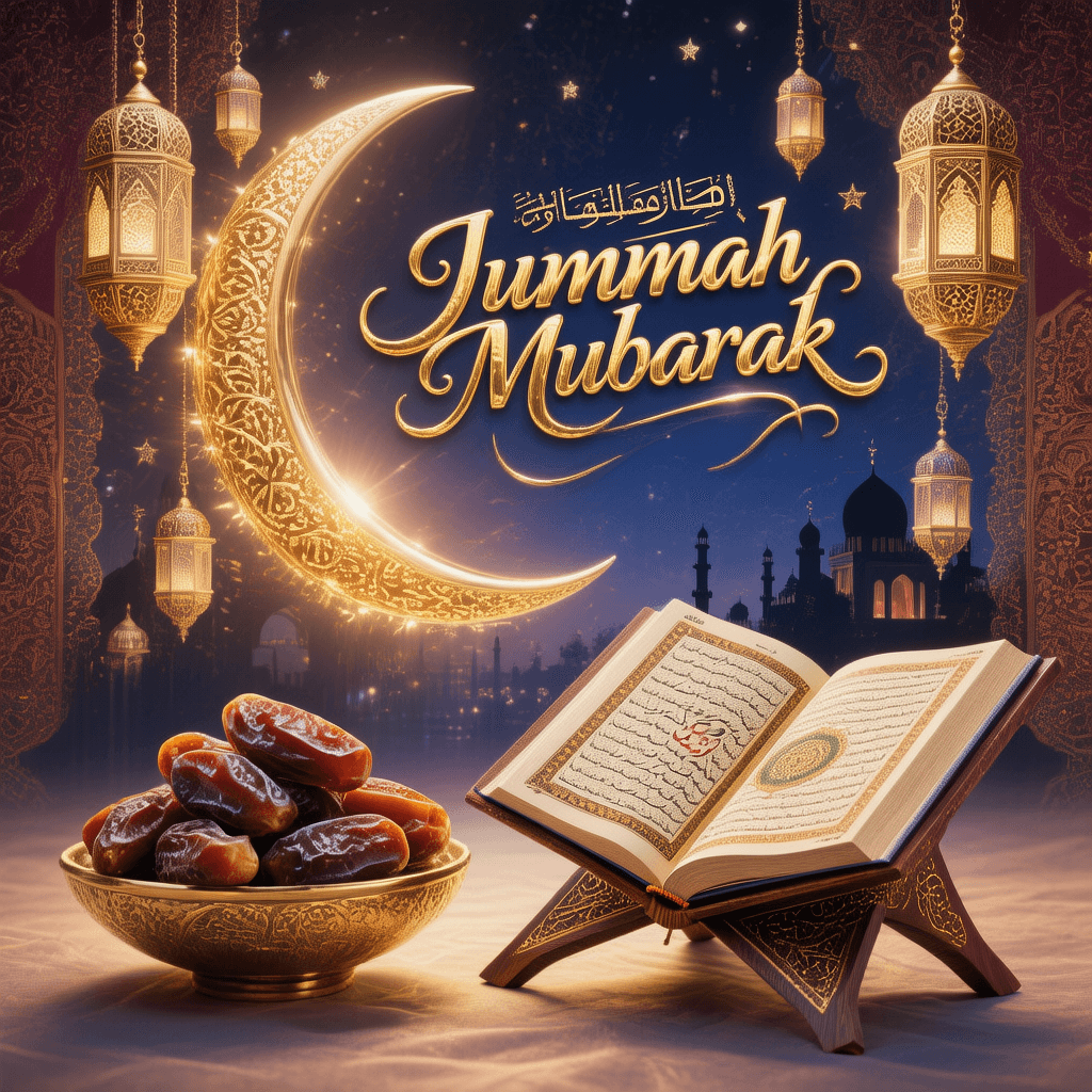AI generated: A luxurious Ramadan and Jummah Mubarak greeting card background. Featuring a glowing golden crescent...