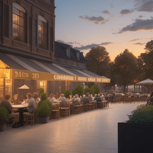 AI generated: Landscape design for a outdoor café and restaurant  , golden hour. Architectural photography. 14mm. ...