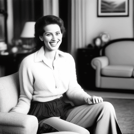 AI generated: photograph of a stunning 30-year-old woman standing confidently in the center of a cozy living room,...