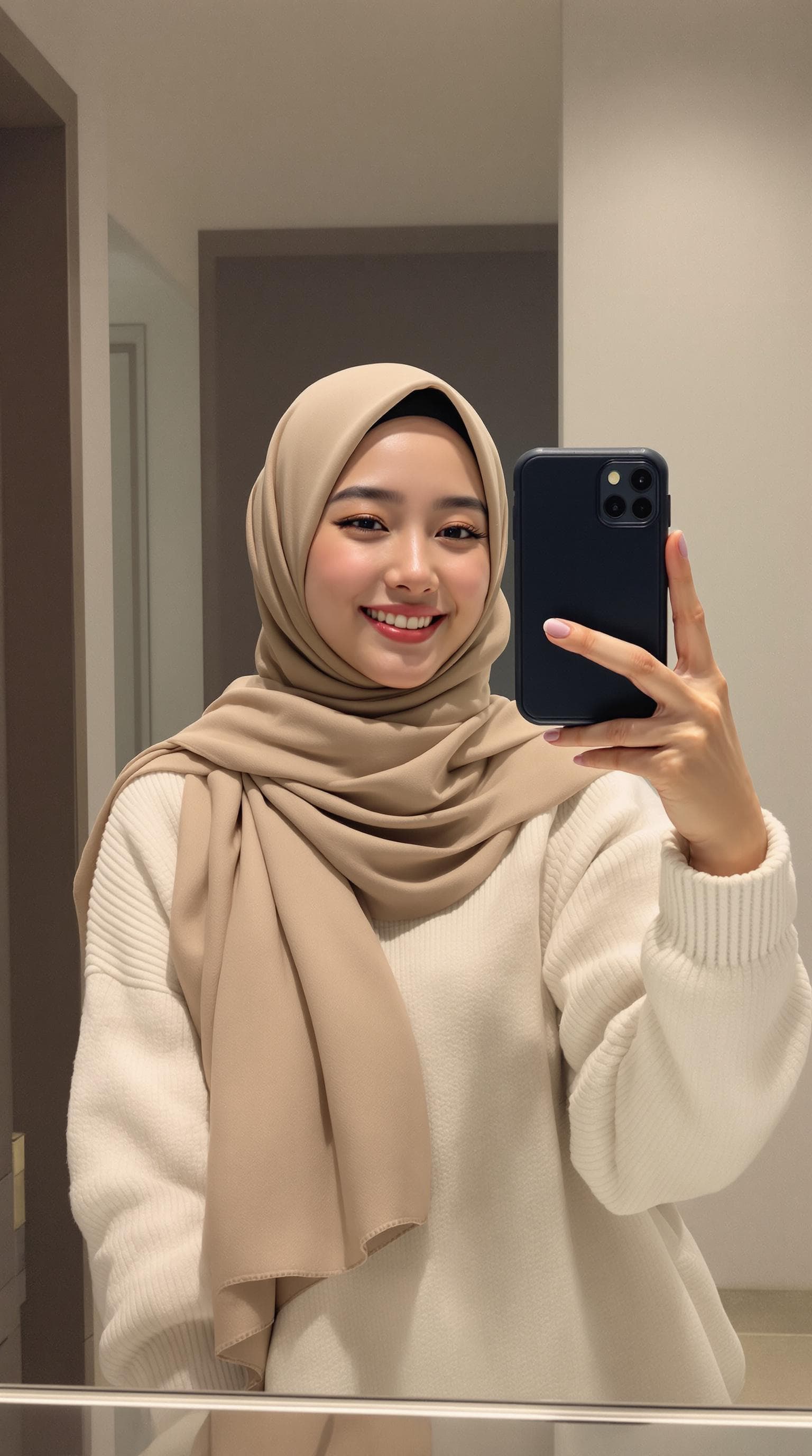 AI generated: A young woman, korean ulzzang face, wearing a hijab smiles, mirror selfie. She is wearing a white sw...