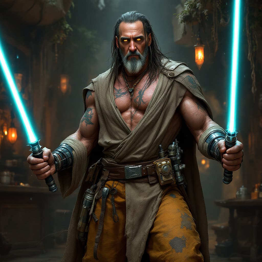 AI generated: Create a photorealistic depiction of Dren Solkaar, a grizzled Codru-Ji Jedi Master, standing tall at...